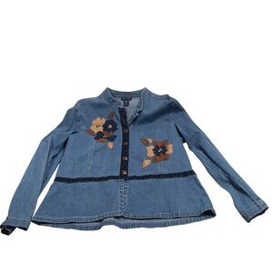 SML Sport Women Denim Floral Applique Jacket Large Blue